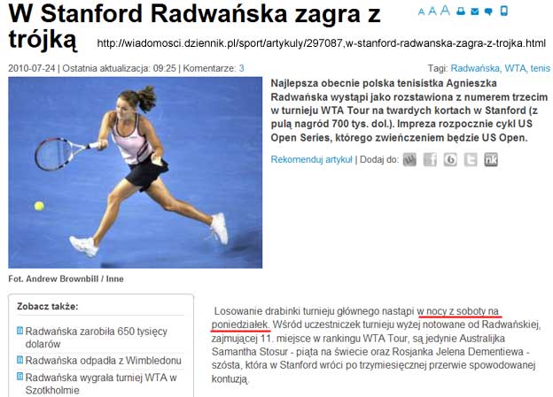 W Stanford Radwańska gra w tenisa z trójk w nocy z soboty na poniedziałek